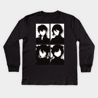 The Misfit of Demon King Academy or Maou Gakuin Anime Characters : Anos Voldigoad, Misha Necron, Sasha Necron, and Lay Glanzudlii in Black and white Minimalist Pop art Design Kids Long Sleeve T-Shirt